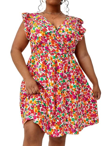 

plus allover floral print ruffle trim tie back dress a2y9#, Black