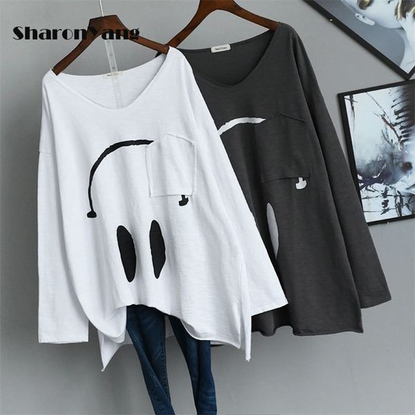 

spring large size loose long sleeve t-shirts woman cotton v-neck casual style t shirt plus base women oversize 220321, White