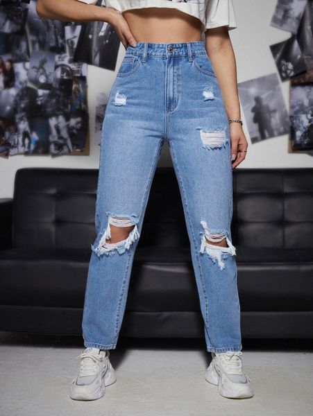 

ripped mom fit jeans h3ae#, Blue