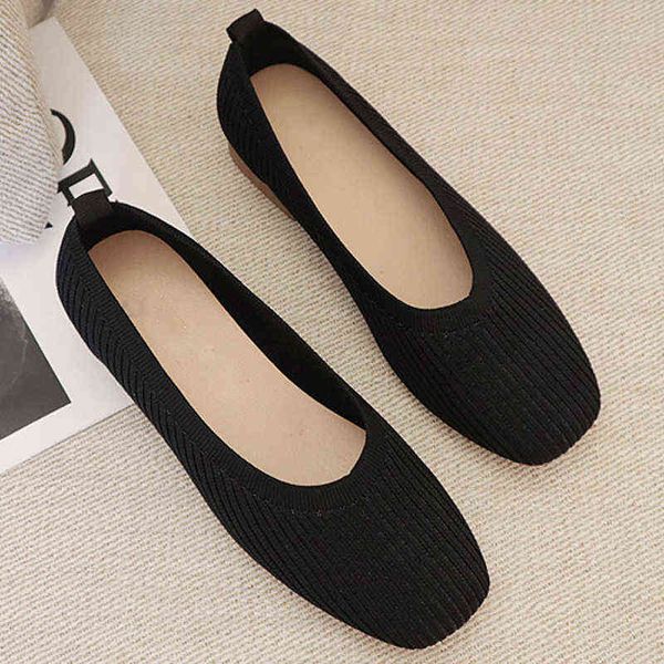 

dress shoes 2022 stretch fabric solid color slip on mesh loafers shallow ballet flats women low heels square toe boat 220512, Black
