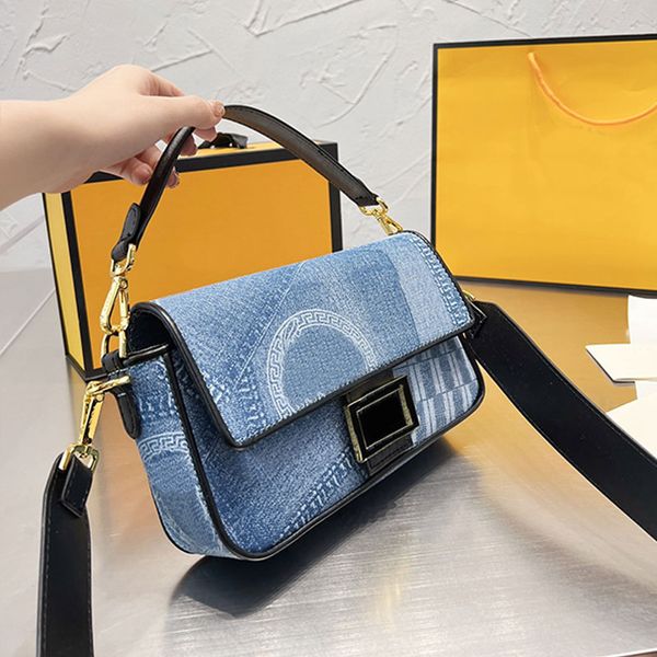

denim baguette bags crossbody bag shoulder bags patchwork print head portrait letter hasp hardware detachable leather strap classical women