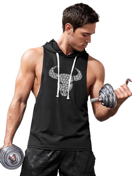 

men geo cattle print drawstring hooded sports tank c3oo#, White;black