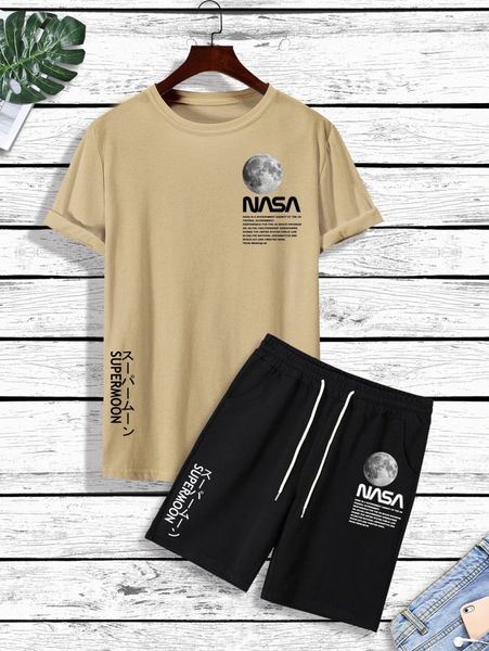 

men moon & slogan graphic tee & drawstring waist track shorts x1gx#, Gray