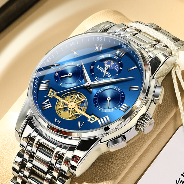

nibosi men watch chronograph tourbillon style luxury brand quartz sport watch blue fashion business wristwatches reloj hombre, Silver