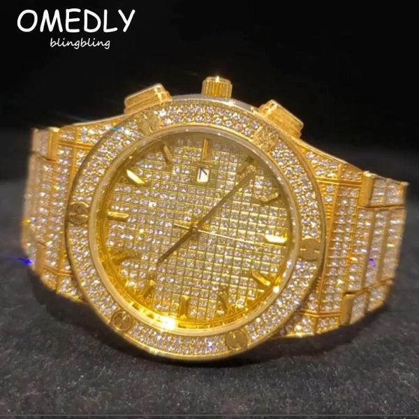 Armbanduhren Herrenuhren Top Hip Hop Voller Baguette-Diamantuhr Iced Out 18 Karat Gold Wasserdichte Uhren Relogio Masculino