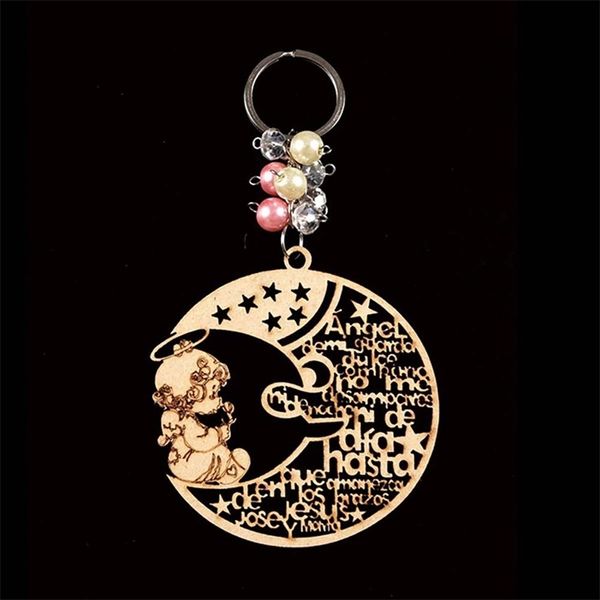 12pcs Batismo favorece a menina do batismo da Primeira Comunhão Favoriza Wood Laser Cuthain Kichain Moon Star Wood Key Chain 220516