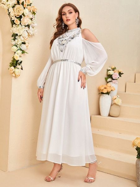 

plus cold shoulder floral embroidery pearls detail dress f2xf#, Black