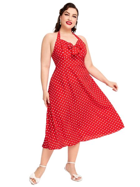 

plus polka dot print bow front tie backless halter dress w8nl#, Black