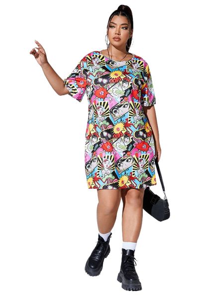 

plus pop art print tee dress i8o9#, Black