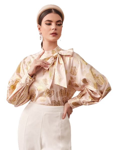 

floral mock collar knot front blouse 44zg#, White