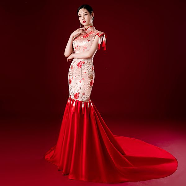

vintage ethnic clothing chinese style performance dress commercial model t stage catwalk cheongsam tassel host auto show embroidered costume, Red