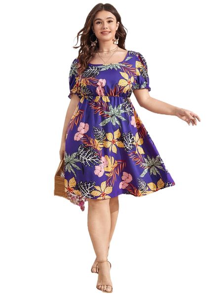 

plus tropical print puff sleeve dress q8pn#, Black