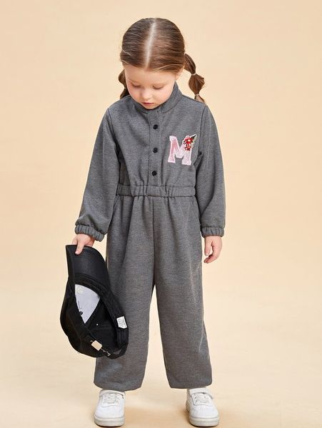 

toddler girls letter patch mock neck button front jumpsuit she, Blue