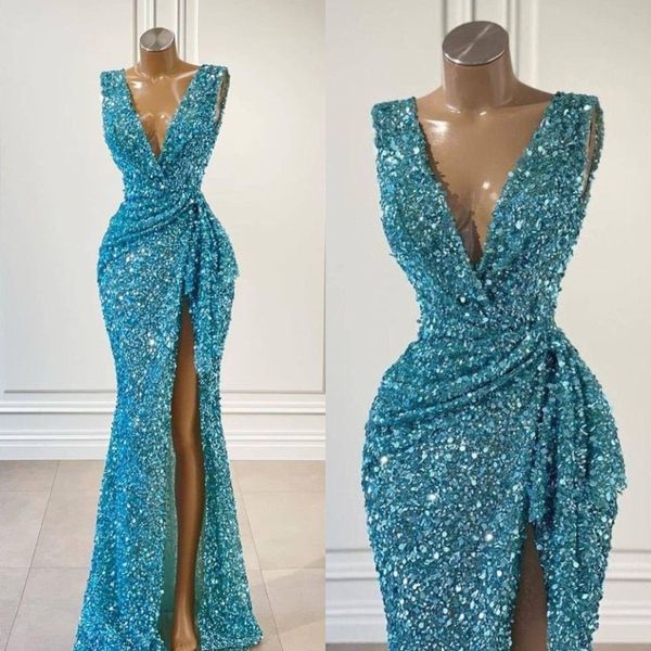 Abendkleider mit V-Ausschnitt für Damen, elegante Partykleider, ärmelloses, seitlich geschlitztes, langes Cocktailkleid mit Pailletten