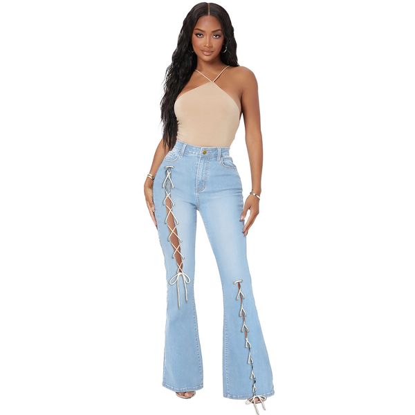 

2022 autumn new women's jeans fashion trend bandage denim flared pants, Blue