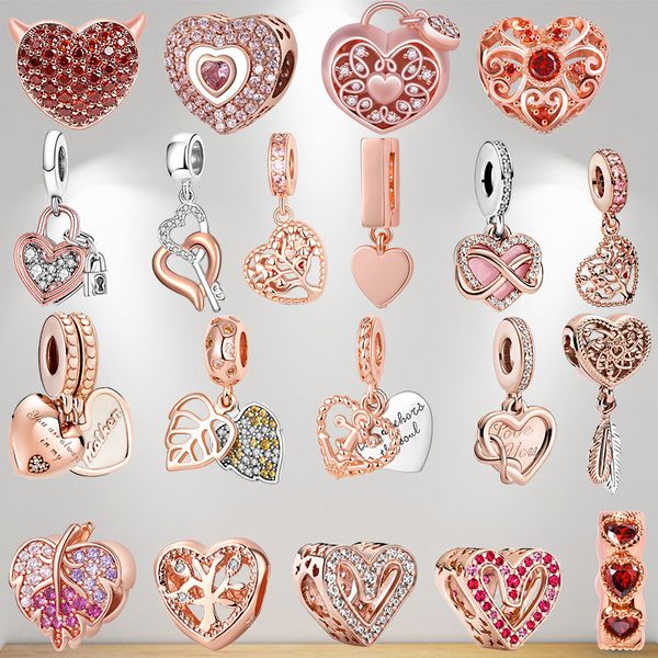 925-Armband-Charms für Pandora-Charm-Set, Originalverpackung, Roségold, Herz, ausgehöhlt, europäische Perlen, Halsketten-Charms, Schmuck
