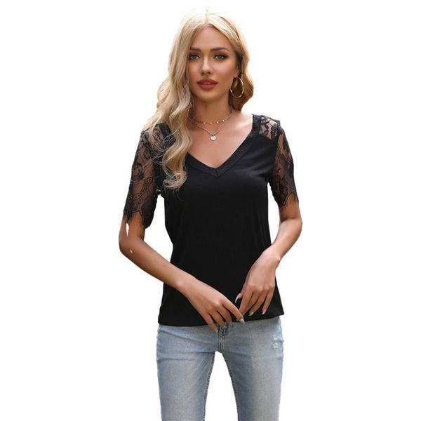 

women's t-shirt summer women's t shirt fashion v neck lace stitching short-sleeved black casual loose 2022 office woman, White