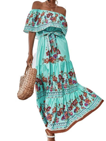 

floral print ruffle hem belted dress i7t4#, Black;gray