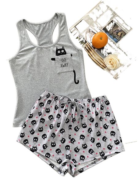 

cartoon & slogan graphic tie front pj set 55yb#, Black;red