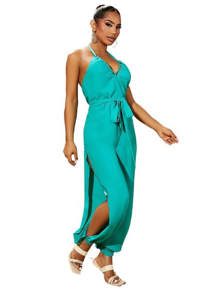 

sxy tie backless split side jumpsuit o5av#, Black;white