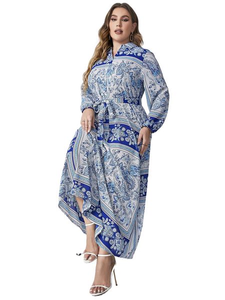 

plus paisley print lantern sleeve belted shirt dress v85y#, Black
