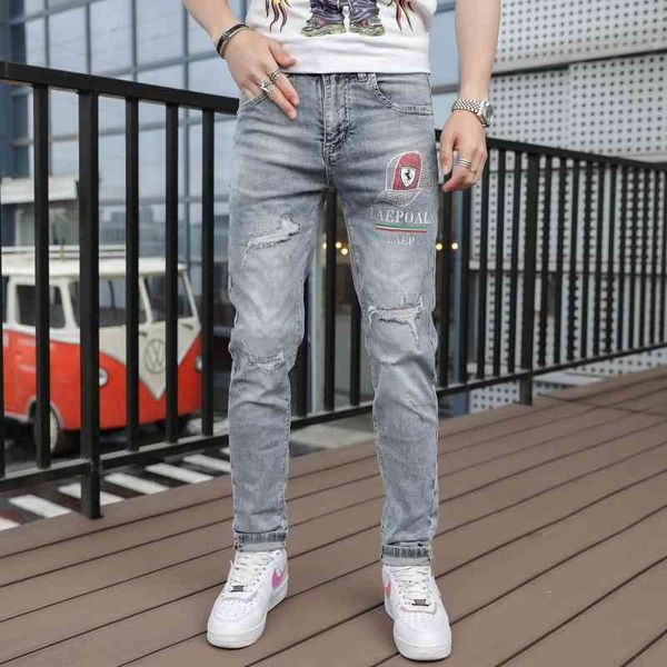 

2022 spring summer fashion brand pierced jeans men's slim fit elastic leggings personalized hat drill pants, Blue