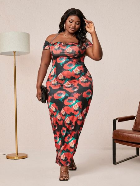 

sxy plus allover print cold shoulder criss cross split back dress y0ug#, Black