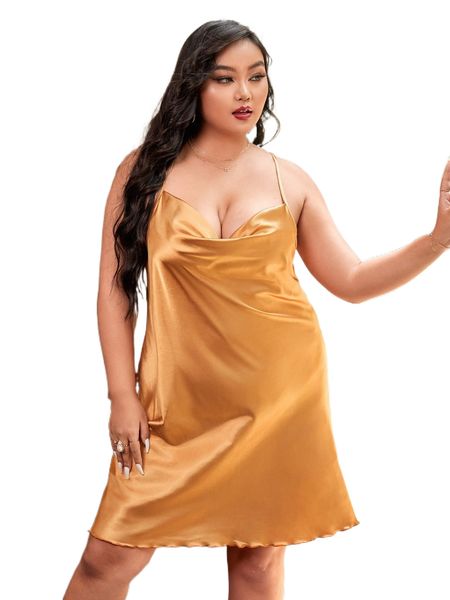 

plus lace up backless lettuce trim satin night dress j9m7#, Black;white