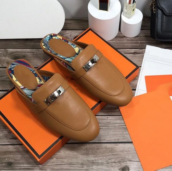 

2022 designer slippers genuine leather oz mules sandals princetown kelly metal chain shoe luxury women loafers crocodile skin lady slipper, Black
