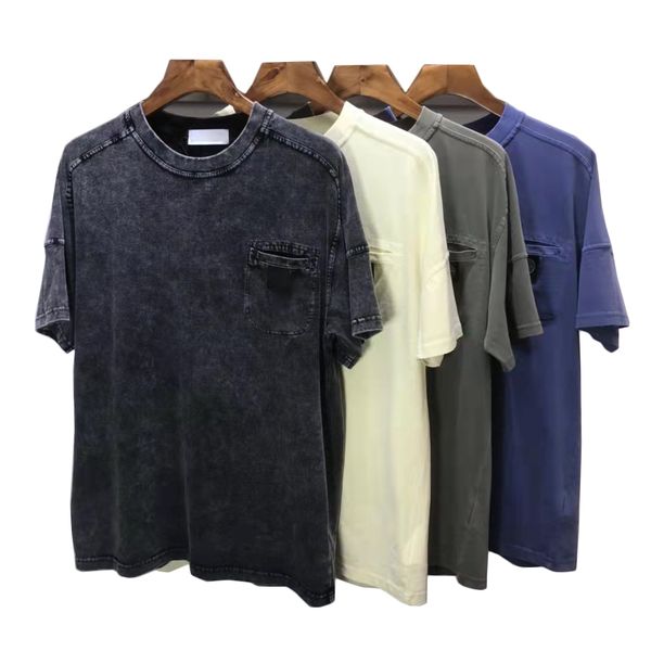 

mens t-shirts retro tee designer shirt for men streetwear embroidered round label with pocket cotton wash version clean up, White;black