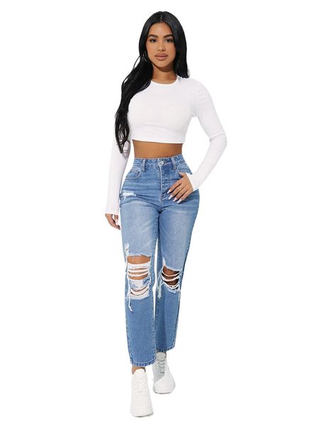 

petite high waisted ripped straight leg jeans 594m#, Blue