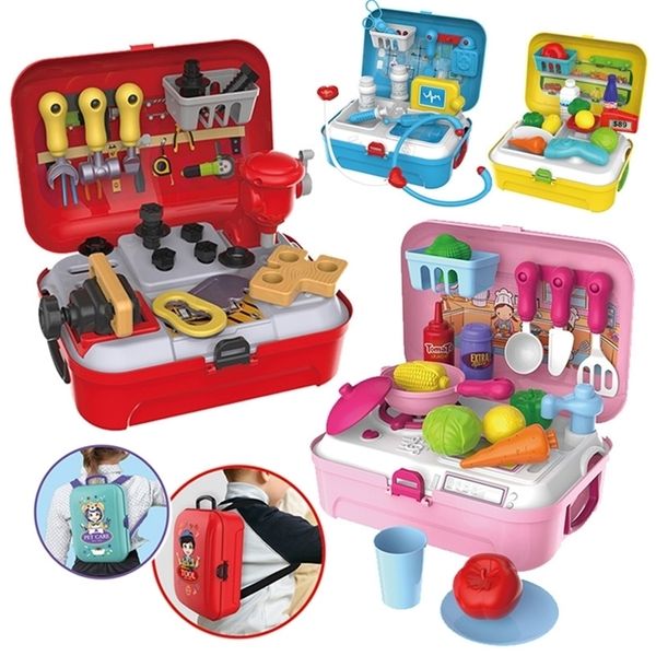 Baby Miniature Kitchen Plástico Finja brincar com comida infantil brinquedos com música Light Kids Cooking Toy Set para Girls Games LJ201211