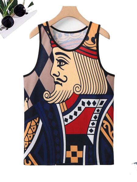 

men playing card print contrast binding tank i3r4#, White;black