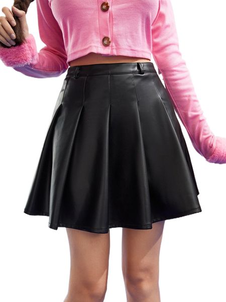 

x nidhi high waist o-ring zipper back pu leather pleated skirt o6bm#, Black