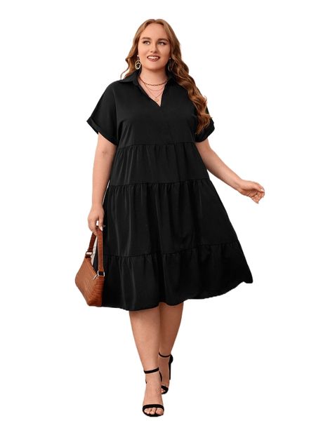 

emery rose plus solid batwing sleeve ruffle hem dress y9nc#, Black
