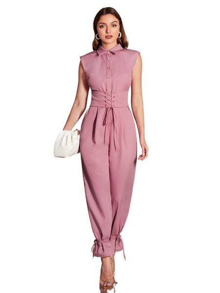 

grommet lace up front plicated detail knot hem jumpsuit m7aj#, Black;white
