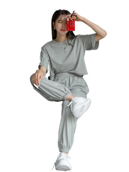 

dazy solid tee & slant pocket pants 48qn#, White