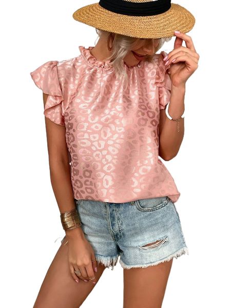 

leopard jacquard frilled neck butterfly sleeve satin blouse e5gm#, White