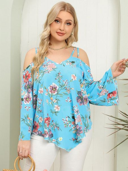 

plus floral print cold shoulder hanky hem blouse e9bp#, Black