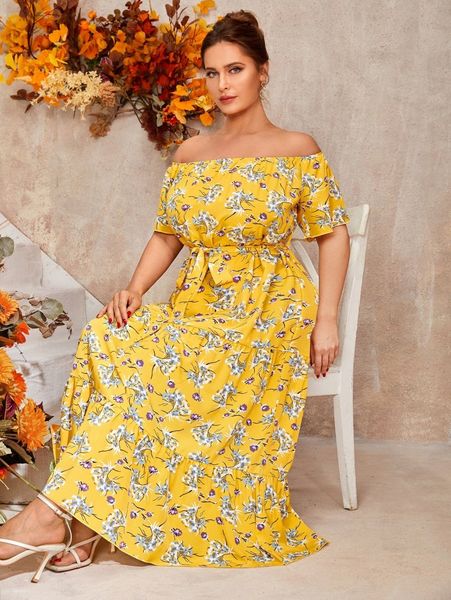 

plus floral print ruffle hem belted dress a9je#, Black