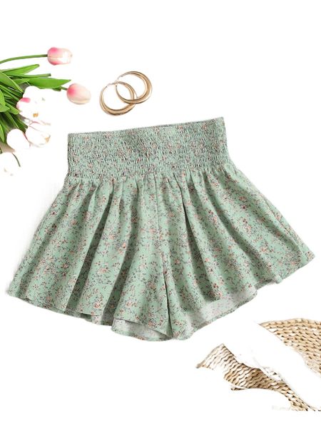 

ditsy floral print shirred high waist shorts i9by#, White;black