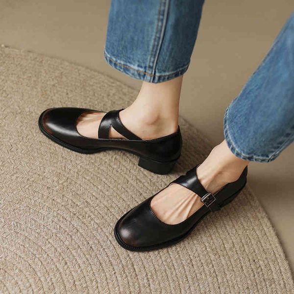 

boots minority french thick heel hepburn style leather single shoes women's spring and autumn one line buckle mary jane xsrl, Black