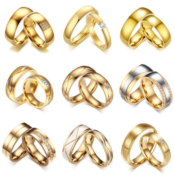 

rings zorcvens 2022 new gold color stainless steel cz stone wedding couple for women men lover anniversary jewelry gifts, Silver