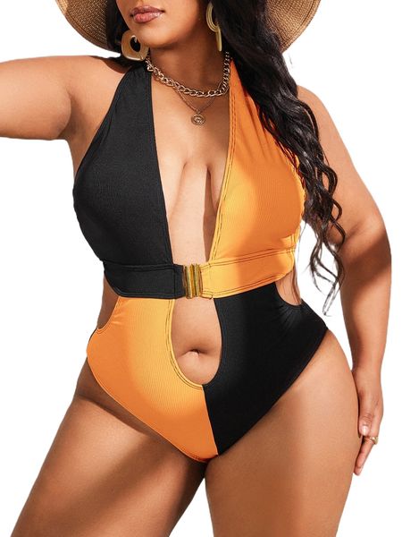 

plus color block rib cut-out one piece swimsuit h3th#, White;black