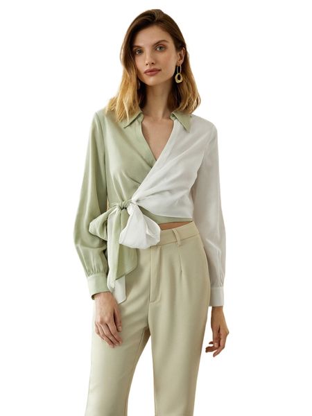 

motf premium linen two tone wrap blouse w33h#, White