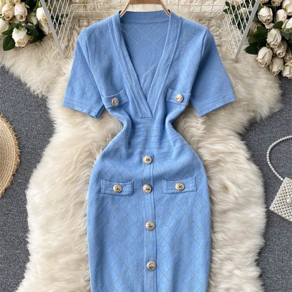 

women knitted pencil dress v neck short sleeve elastic slim sheath es summer korean chic streetwear 220613, Black;gray