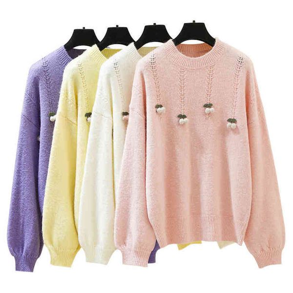 

qoerlin casual hairball women sweater autumn winter lantern sleeve knitted sweater oversize female streetwear ladies pullover 210412, White;black
