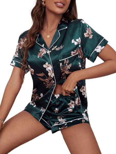 

floral print contrast piping satin pj set 74lr#, Black;red