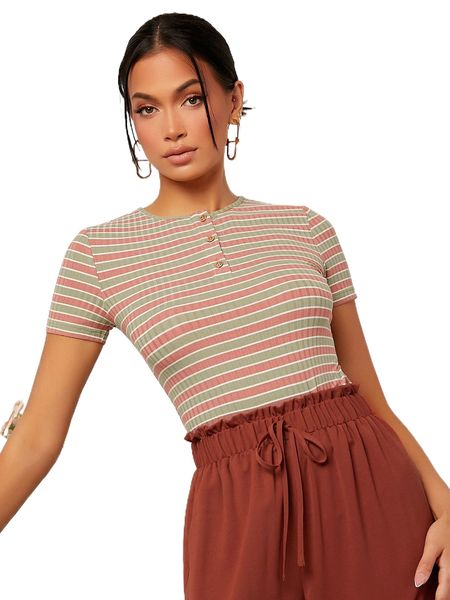 

striped print button front tee e8et#, White