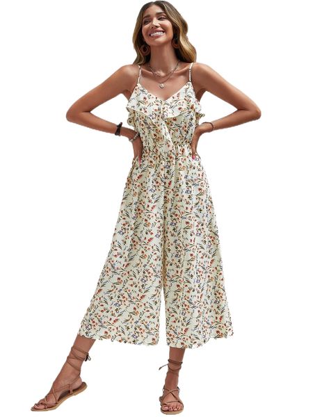 

ditsy floral print ruffle trim cami jumpsuit a82y#, Black;white